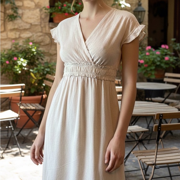Monteau Dresses & Skirts - Monteau Cream V-Neck Smocked Waist Midi Dress